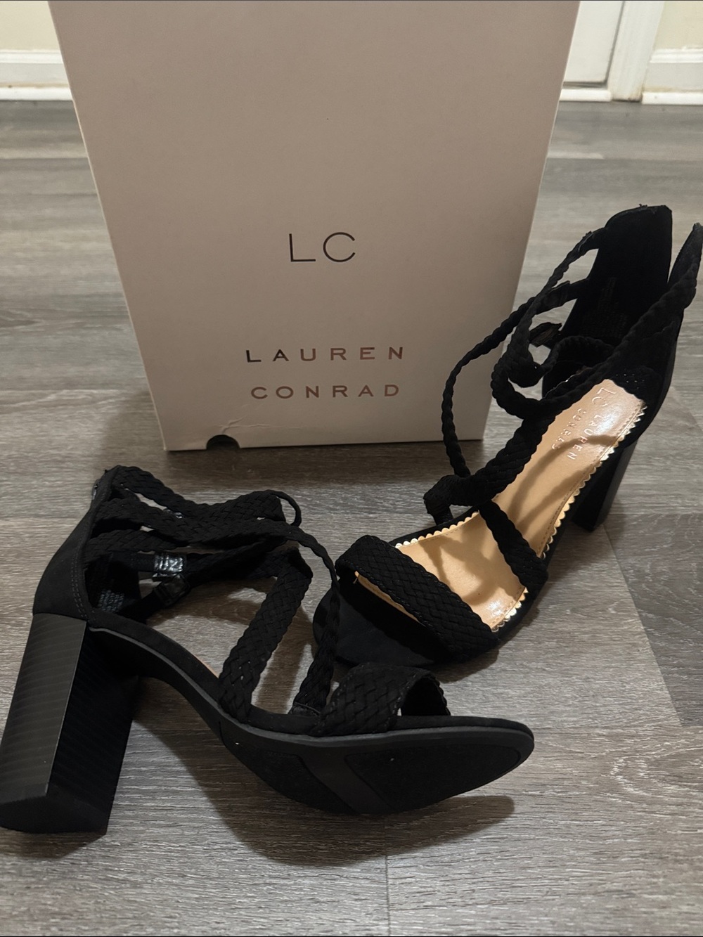 LC Lauren Conrad Black Braided Lace-Up Block Heel Sandals